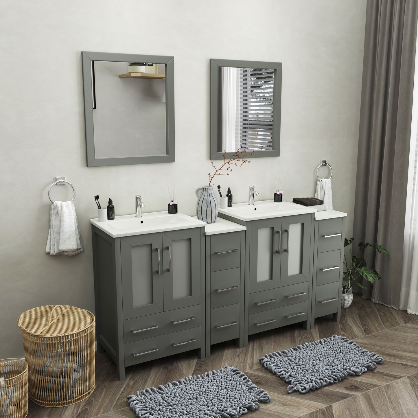 72 Inch Double Sink Bathroom Vanity in Gray with Ceramic Countertop - Vanity Art VA3024-72G