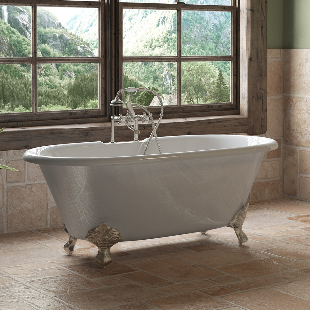 Cast Iron Double Ended Clawfoot Tub 60" X 30" with 7" Deck Mount Faucet Drillings and Brushed Nickel Feet - DE60-DH-BN