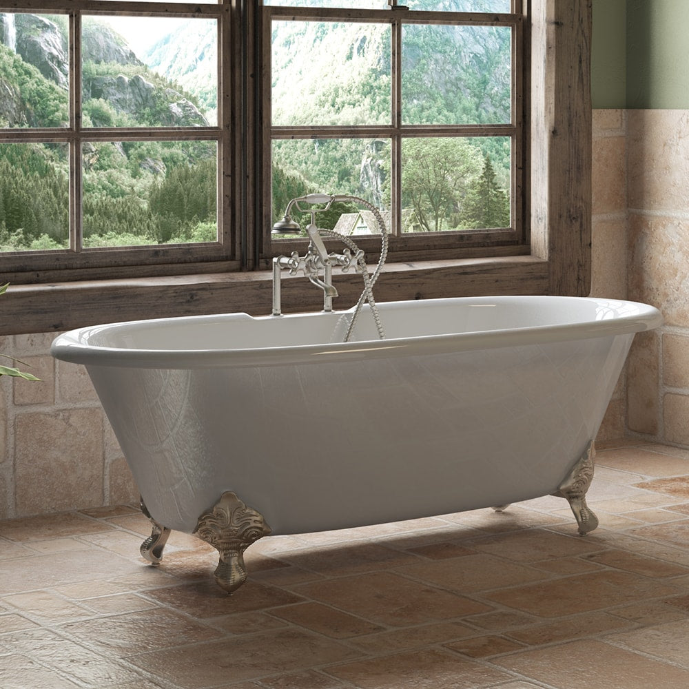 Cast Iron Double Ended Clawfoot Tub 67" X 30" with 7" Deck Mount Faucet Drillings and Brushed Nickel Feet - DE-67-DH-BN