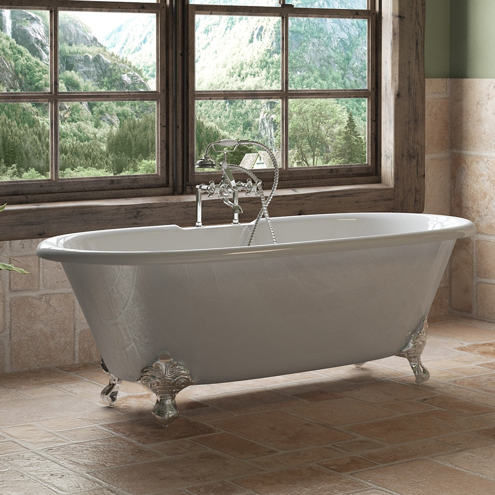 Cast Iron Double Ended Clawfoot Tub 67" X 30" with 7" Deck Mount Faucet Drillings and Polished Chrome Feet - DE-67-DH-CP