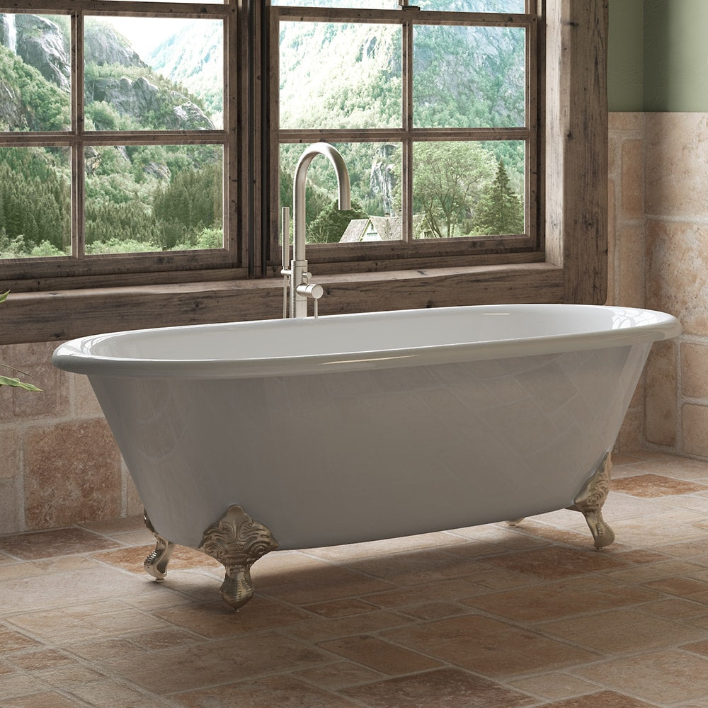 Cast Iron Double Ended Clawfoot Tub 67" X 30" with No Faucet Drillings and Brushed Nickel Feet - DE-67-NH-BN