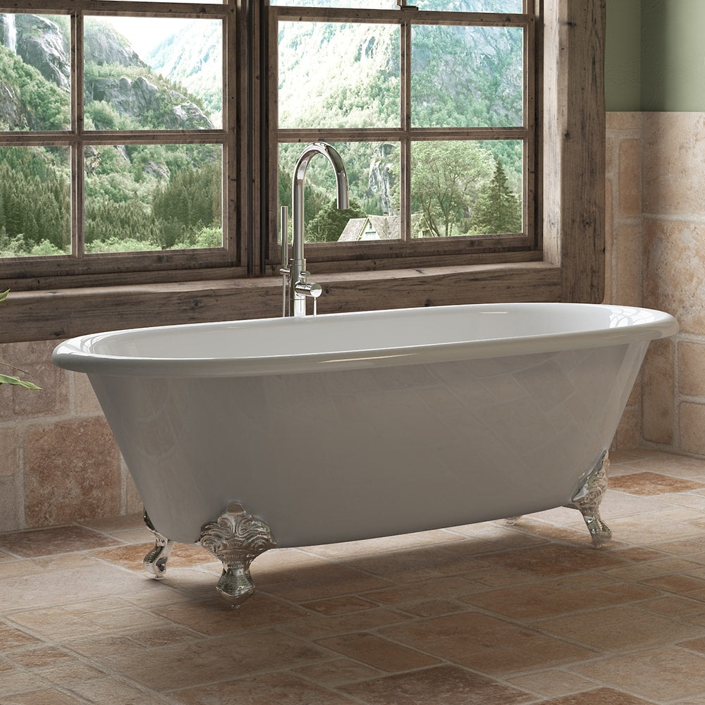 Cast Iron Double Ended Clawfoot Tub 67" X 30" with No Faucet Drillings and Polished Chrome Feet - DE-67-NH-CP