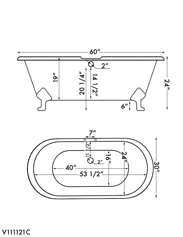 Cast Iron Double Ended Clawfoot Tub 60" X 30" with 7" Deck Mount Faucet Drillings and Polished Chrome Feet - DE60-DH-CP