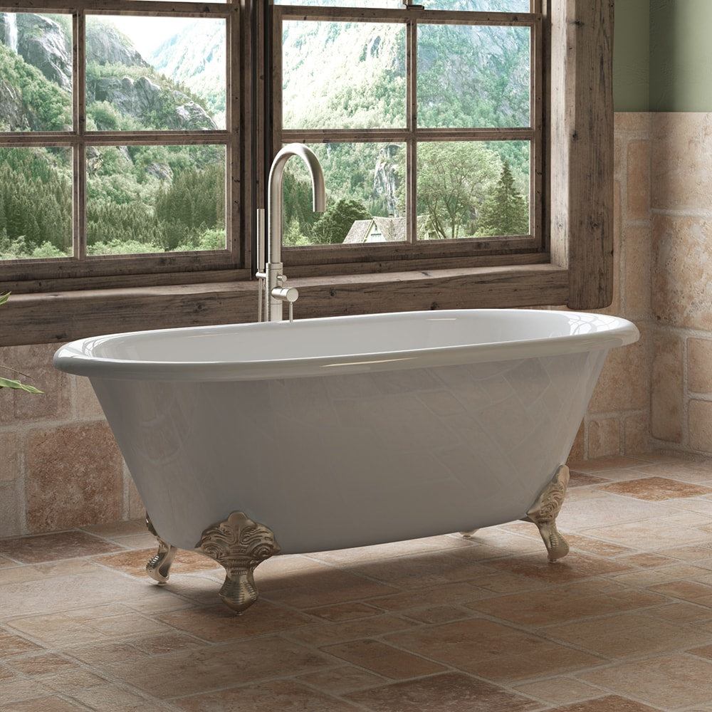 Cast Iron Double Ended Clawfoot Tub 60" X 30" with No Faucet Drillings and Brushed Nickel Feet - DE-60-NH-BN