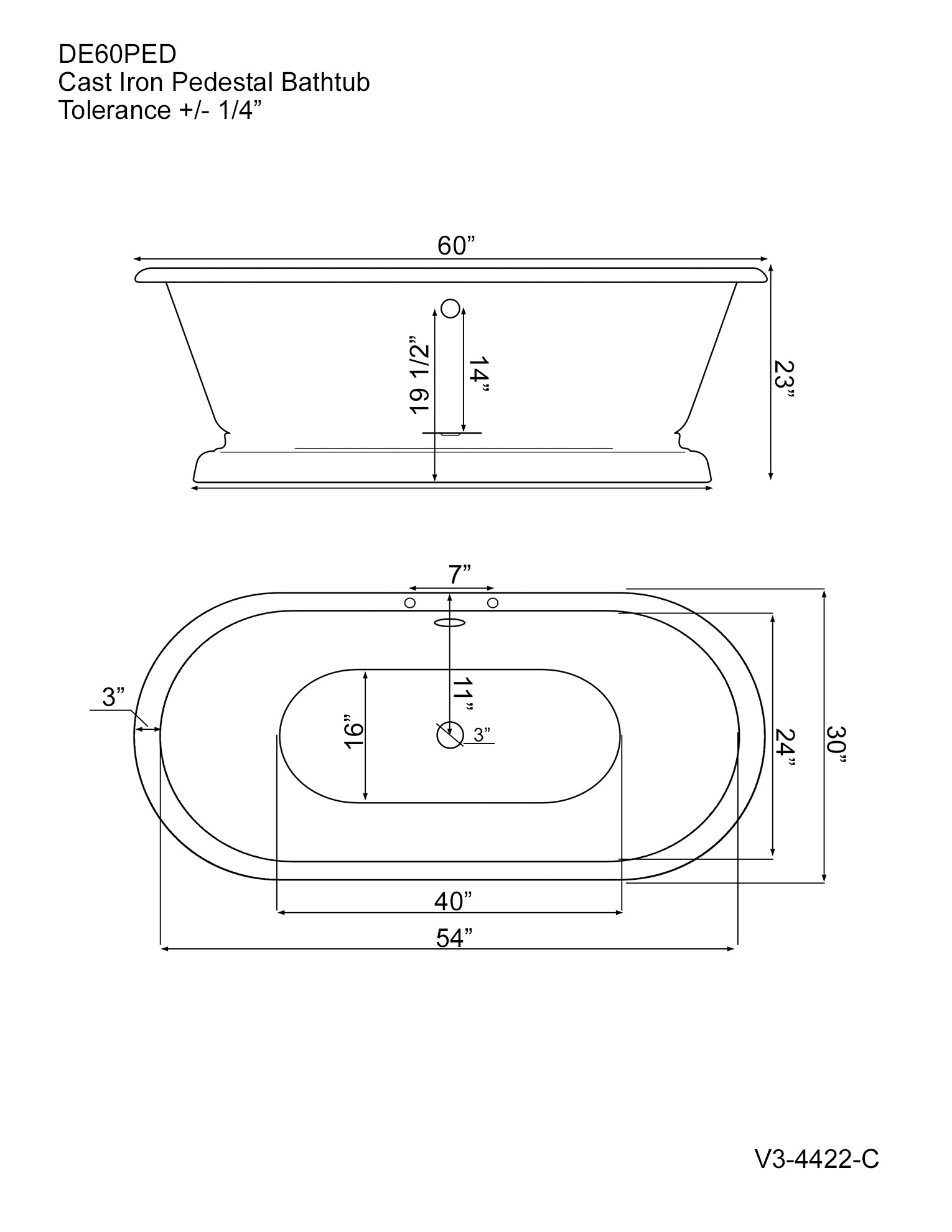 Cast Iron Double Ended Tub 60" X 30" with 7" Deck Mount Faucet Drillings - DE60-PED-DH