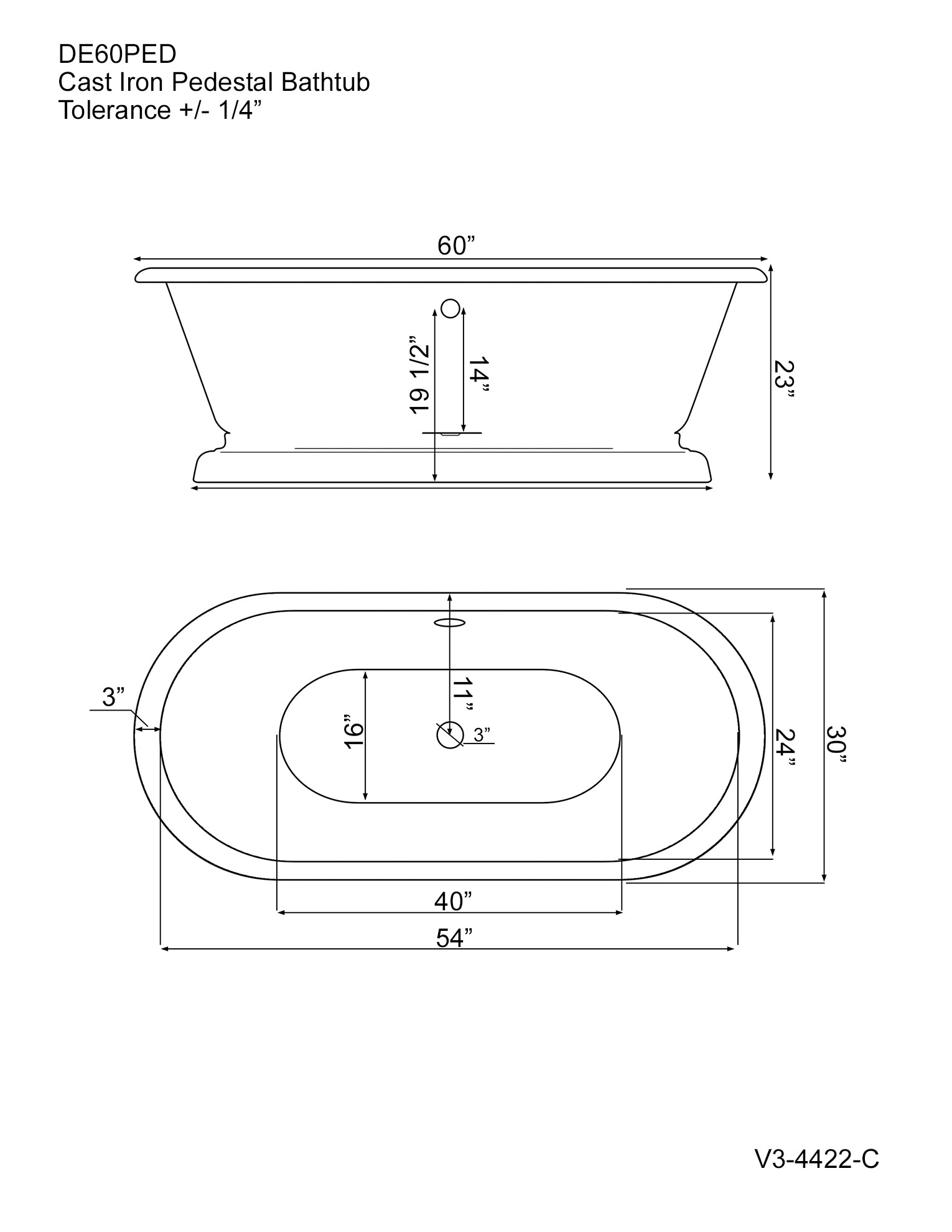 Cast Iron Double Ended Tub 60" X 30" with No Faucet Drillings - DE60-PED-NH