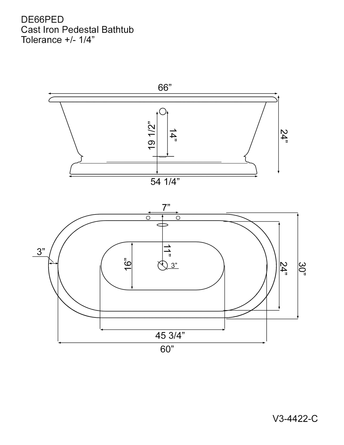 Cast Iron Double Ended Tub 66" X 30" with 7" Deck Mount Faucet Drillings - DE66-PED-DH