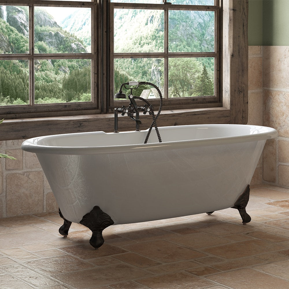 Cast Iron Double Ended Clawfoot Tub 67" X 30" with  7" Deck Mount Faucet Drillings and Complete Brushed Nickel Plumbing Package With Six Inch Deck Mount Risers - DE67-463D-6-PKG-ORB-7DH