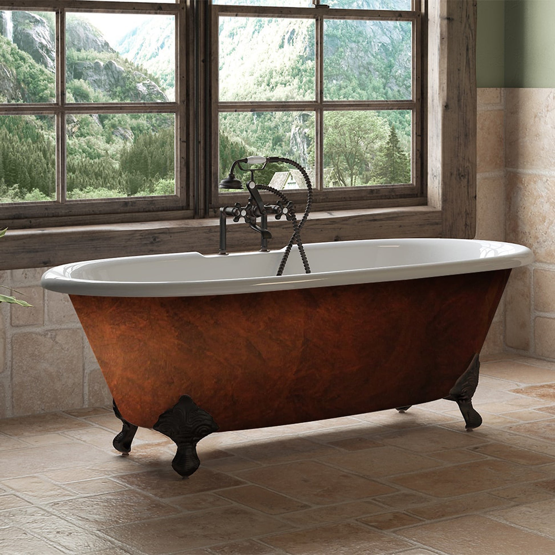 Cast Iron Clawfoot Bathtub 67”x30" Faux Copper Bronze Finish on Exterior with 7" Deck Mount Faucet Drillings and Oil Rubbed Bronze Feet - DE67-DH-ORB-CB