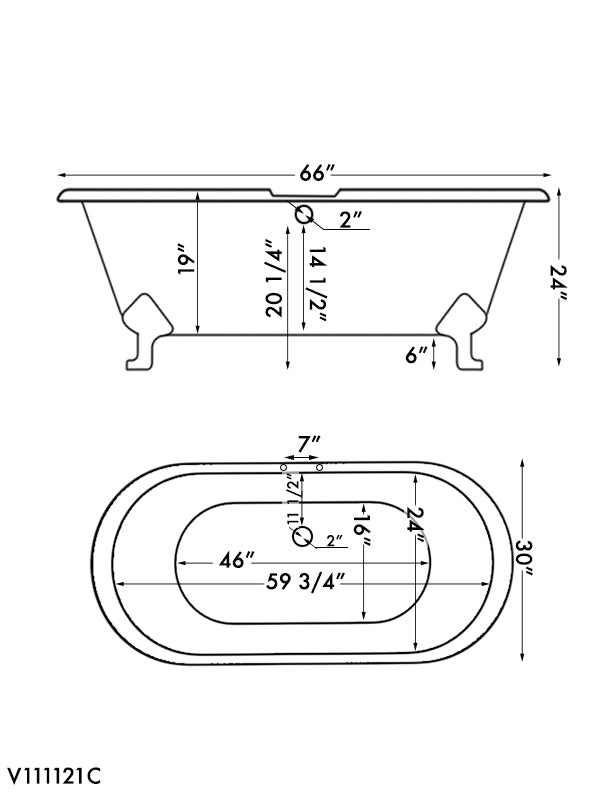 Cast Iron Double Ended Clawfoot Tub 67" X 30" 7" Deck Mount Faucet Drillings and Complete Brushed Nickel Plumbing Package - DE67-463D-2-PKG-BN-7DH