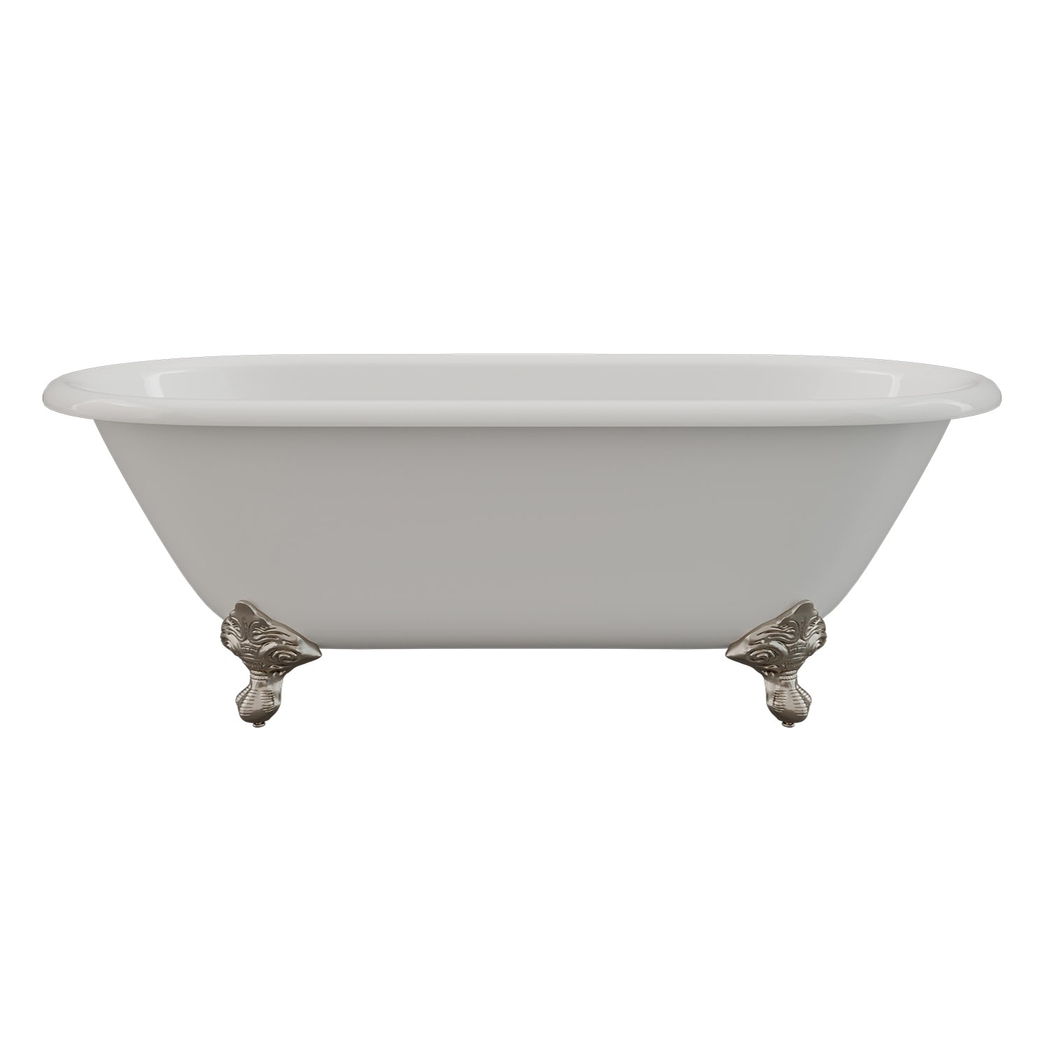 Cast Iron Double Ended Clawfoot Tub 67" X 30" with no Faucet Drillings and Complete Brushed Nickel Modern Freestanding Tub Filler with Hand Held Shower Assembly Plumbing Package - DE67-150-PKG-BN-NH