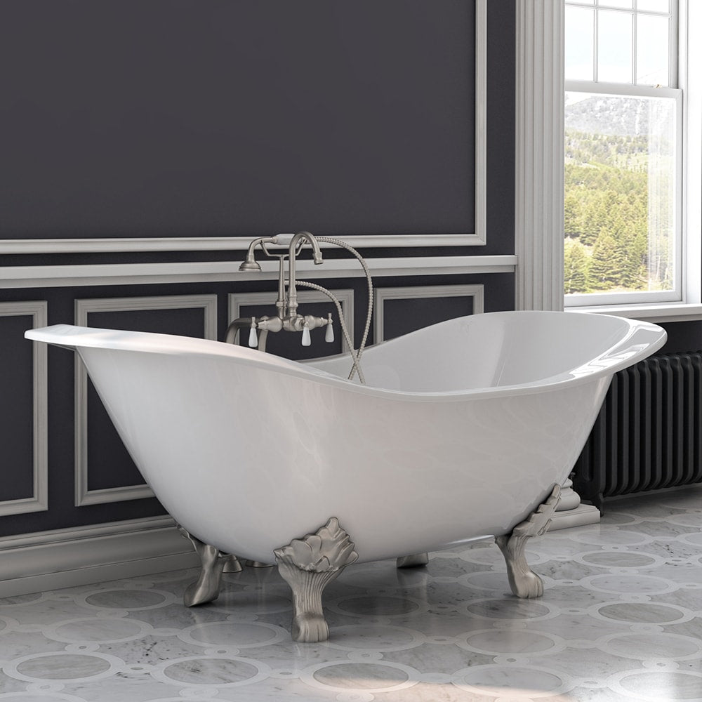 Cast Iron Double Ended Slipper Tub 71" X 30" with no Faucet Drillings and Complete Brushed Nickel Free Standing English Telephone Style Faucet with Hand Held Shower Assembly Plumbing Package - DES-398684-PKG-BN-NH