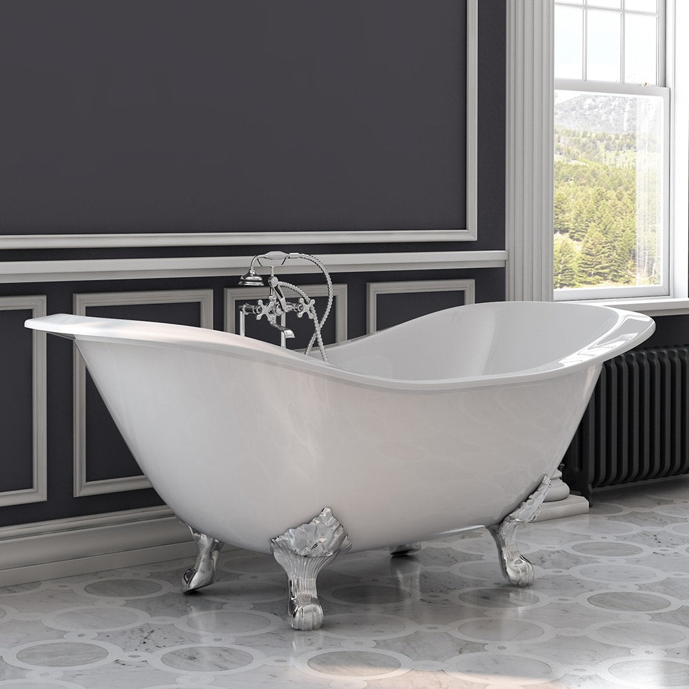 Cast Iron Double Ended Slipper Tub 71" X 30" with 7" Deck Mount Faucet Drillings and Polished Chrome Feet - DES-DH-CP