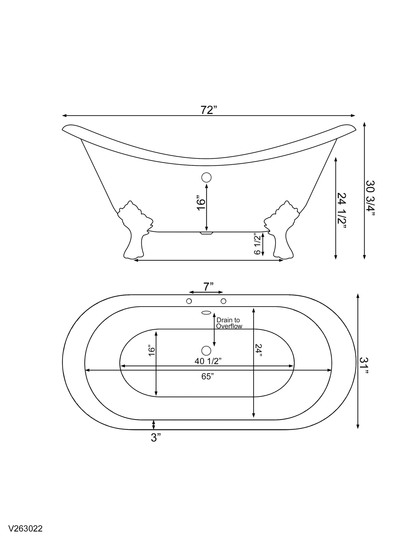 Cast Iron Double Ended Slipper Tub 71" X 30" with 7" Deck Mount Faucet Drillings and Polished Chrome Feet - DES-DH-CP