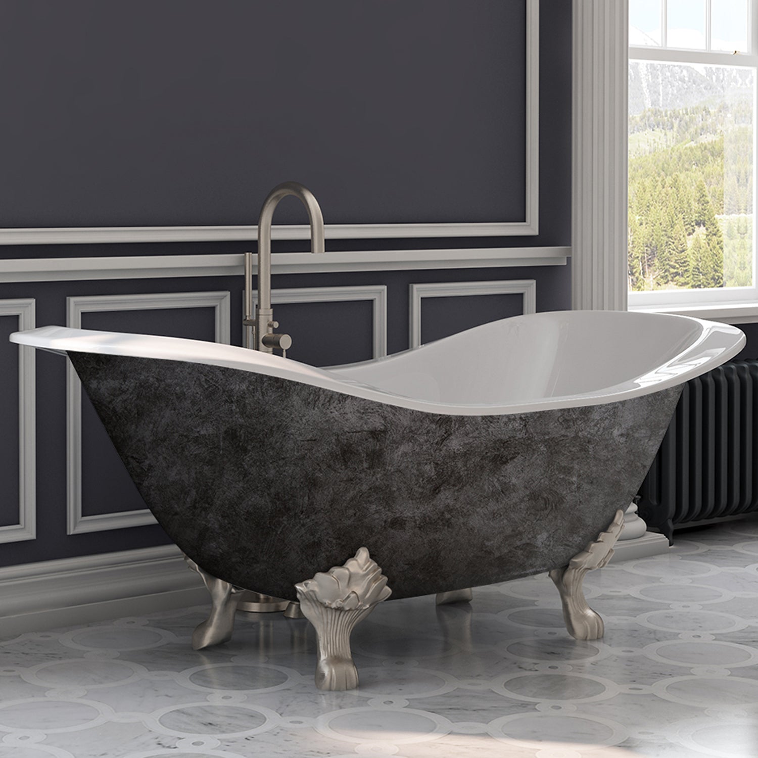 Scorched Platinum 71” Cast Iron Double Slipper Tub, Brushed Nickel Lion’s Paw Feet, No Faucet Holes - DES-NH-BN-SP