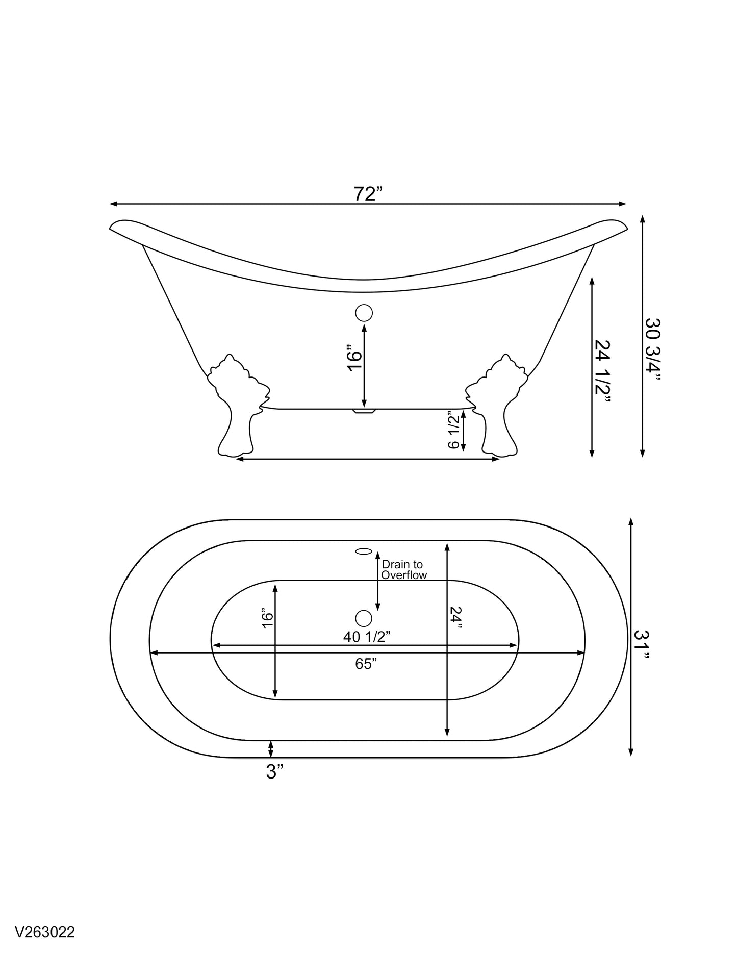 Cast Iron Double Ended Slipper Tub 71" X 30" with no Faucet Drillings and Complete Polished Chrome Modern Freestanding Tub Filler with Hand Held Shower Assembly Plumbing Package - DES-150-PKG-CP-NH