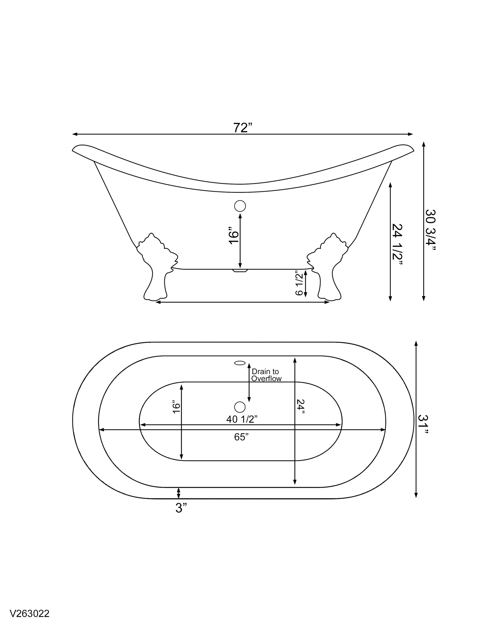 Cast Iron Double Ended Slipper Tub 71" X 30" with No Faucet Drillings and Brushed Nickel Feet - DES-NH-BN