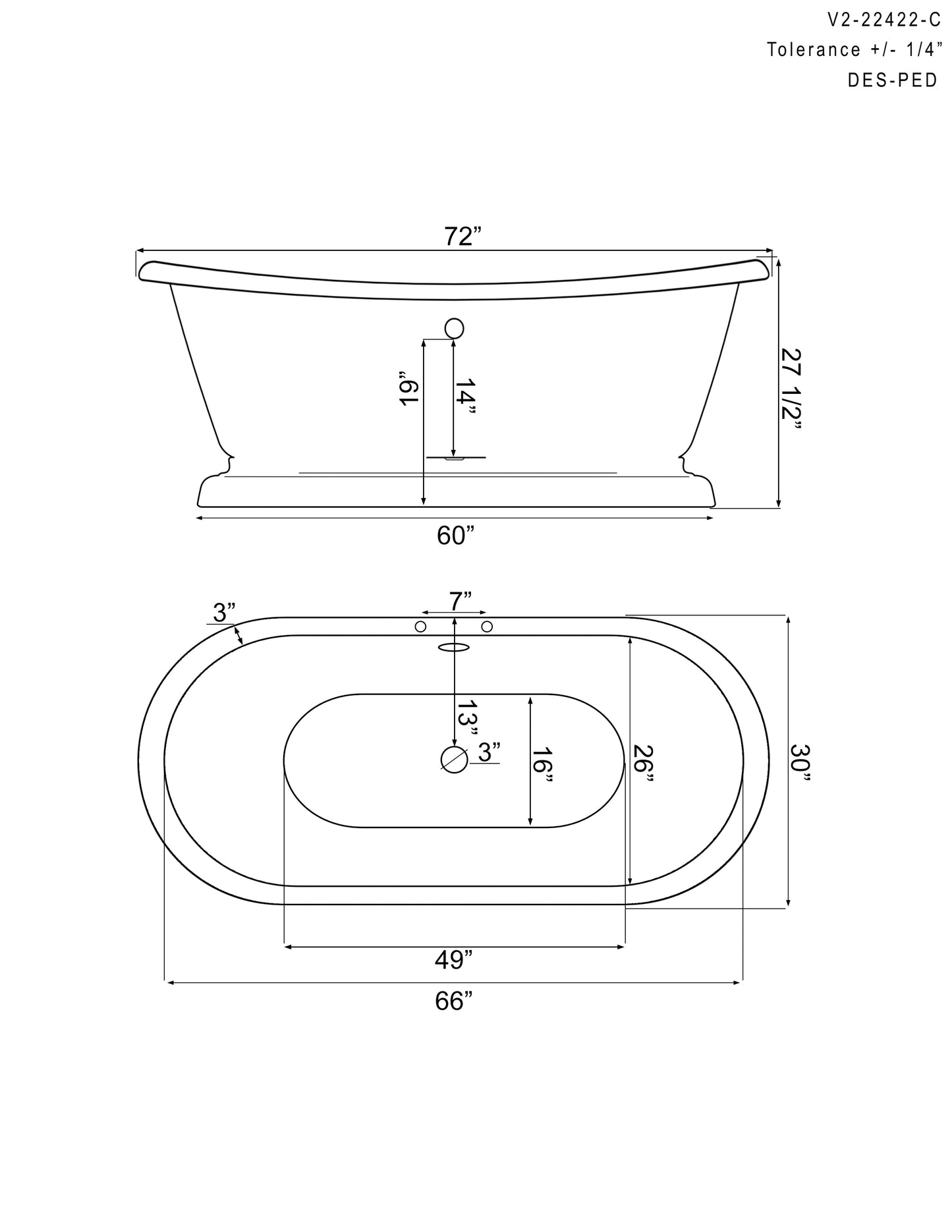 Cast Iron Double Ended Slipper Tub 71" X 30" with 7" Deck Mount Faucet Drillings and Complete Polished Chrome Plumbing Package - DES-PED-463D-2-PKG-CP-7DH