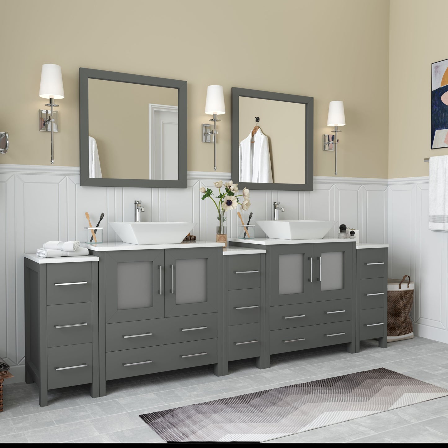 96 Inch Double Sink Bathroom Vanity in Gray with Marble Countertop - Vanity Art VA3130-96G