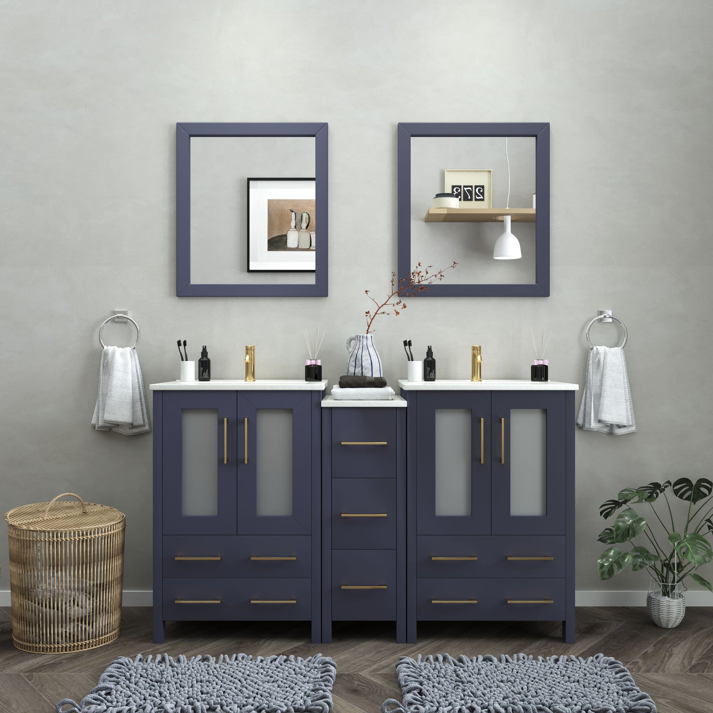 60 Inch Double Sink Bathroom Vanity in Blue with Ceramic Countertop - Vanity Art VA3024-60B