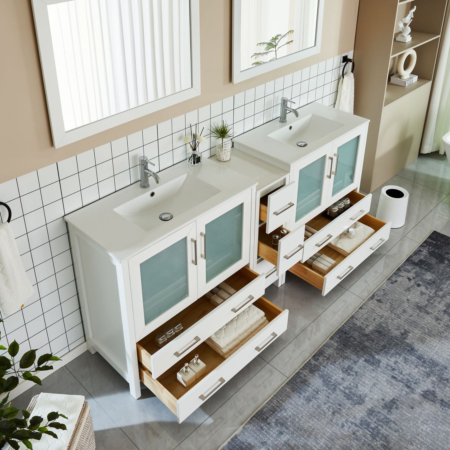 84 Inch Double Sink Bathroom Vanity in White with Ceramic Countertop - Vanity Art VA3036-84W