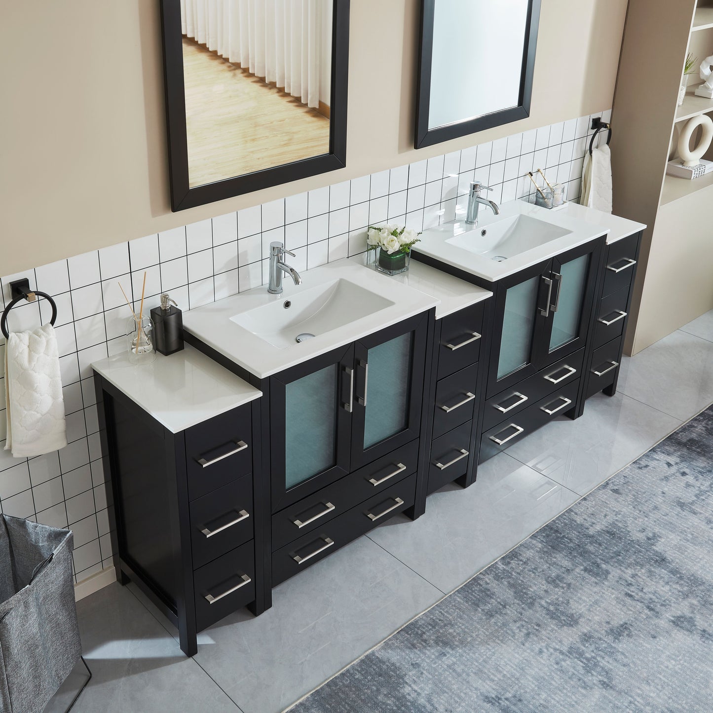 96 Inch Double Sink Bathroom Vanity in Espresso with Ceramic Countertop - Vanity Art VA3030-96E