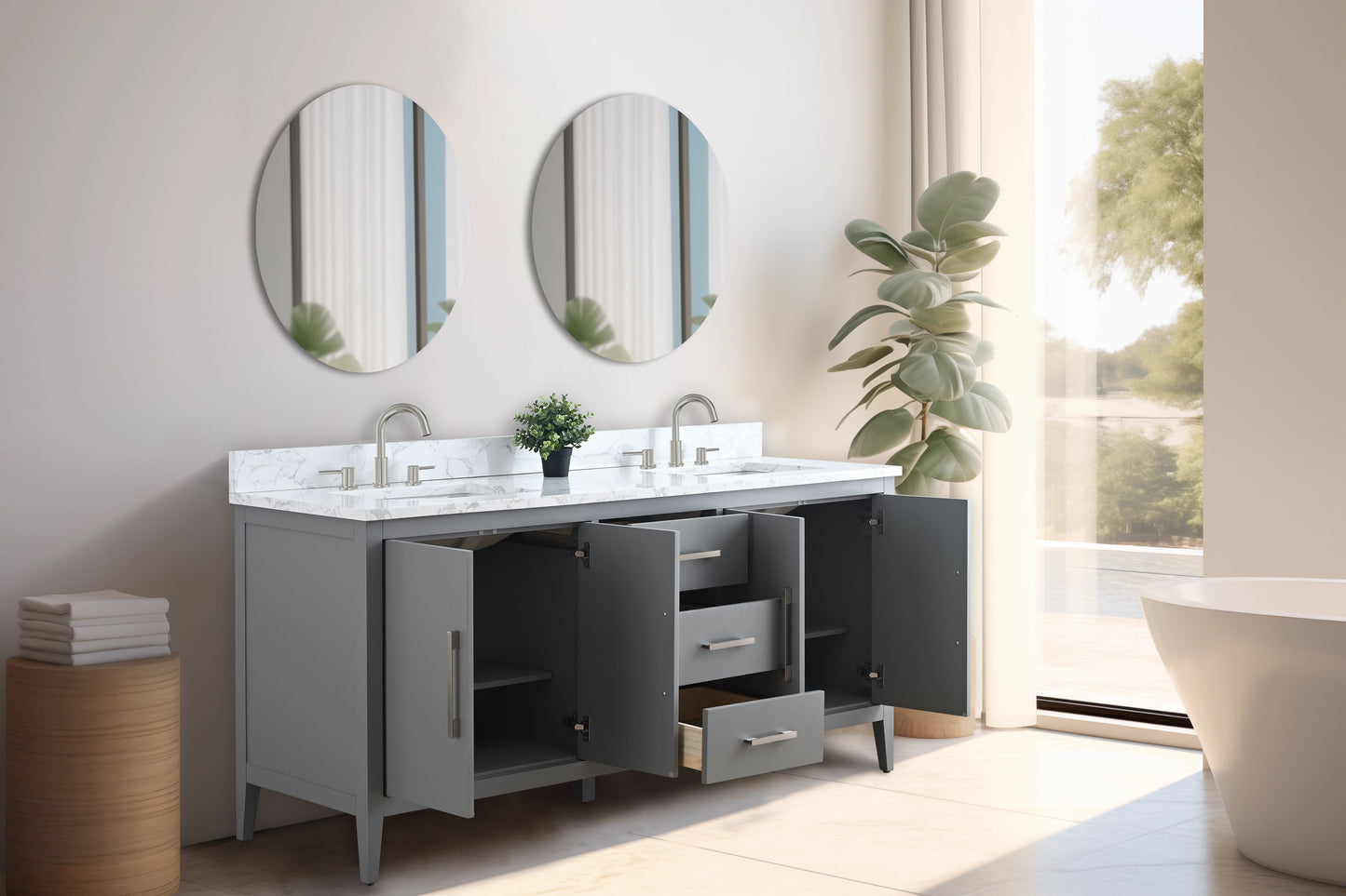 72 Inch Double Sink Bathroom Vanity in Cashmere Gray with Marble Countertop - Vanity Art VA9072-DG