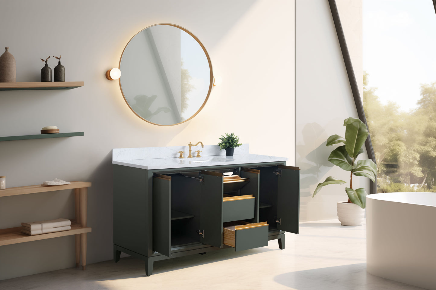 60 Inch Single Sink Bathroom Vanity in Vintage Green with Marble Countertop - Vanity Art VA8060-SVG