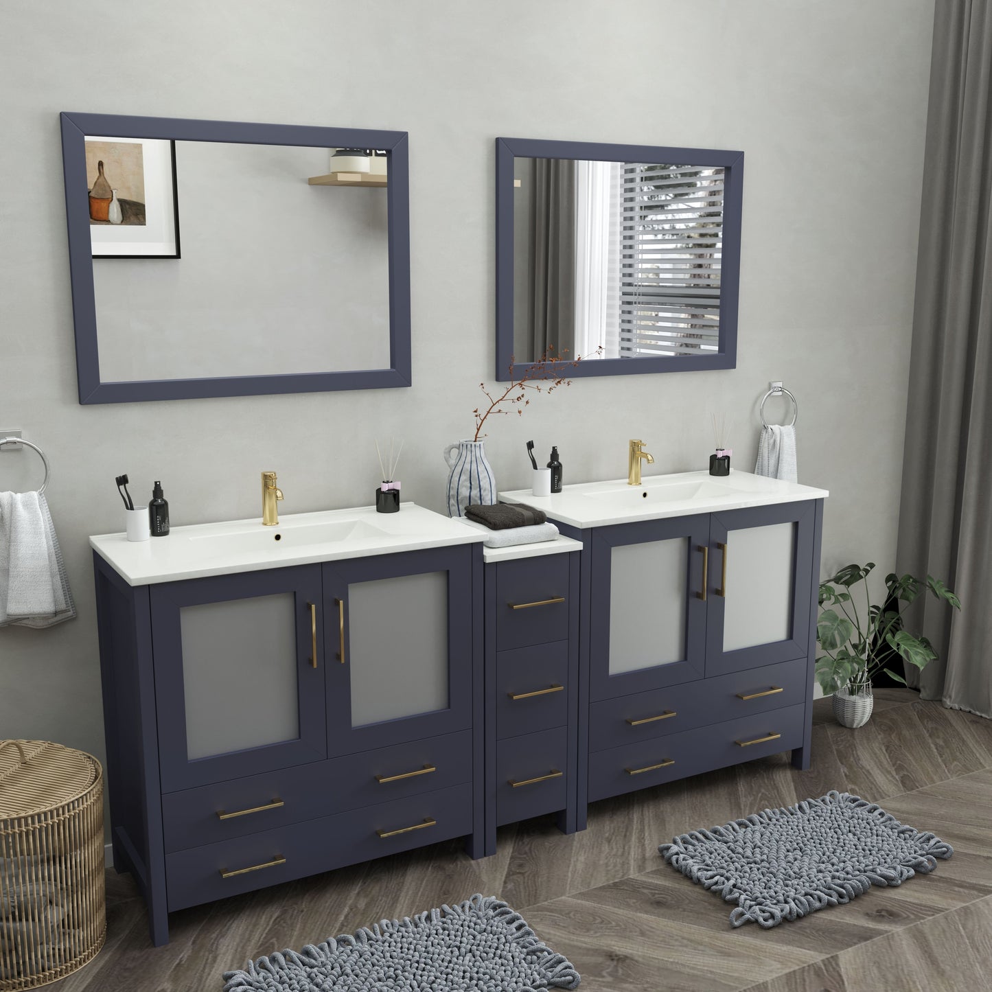 84 Inch Double Sink Bathroom Vanity in Blue with Ceramic Countertop - Vanity Art VA3036-84B