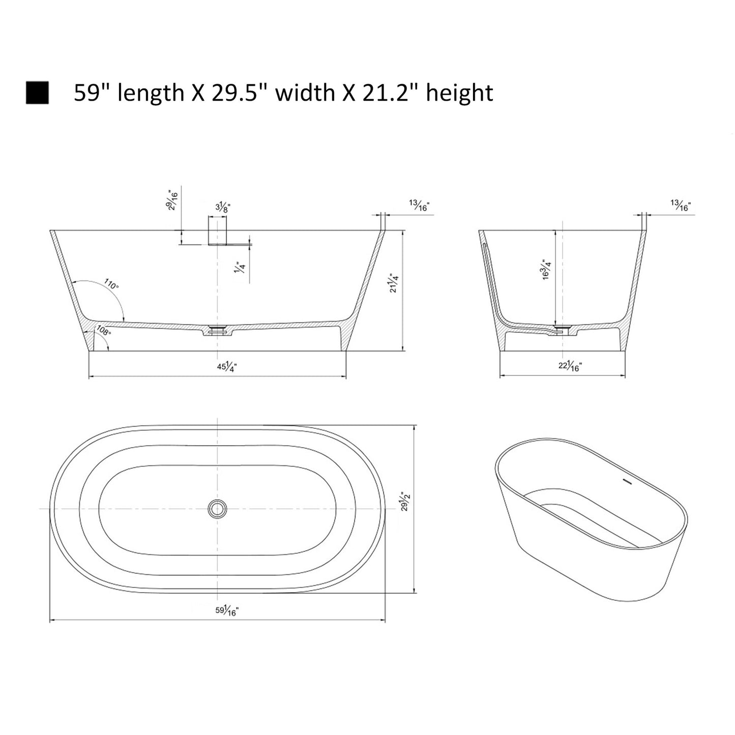 Freestanding Solid Surface Resin Glossy Bathtub 59 Inch x 29.5 Inch - Vanity Art VA6912-GS