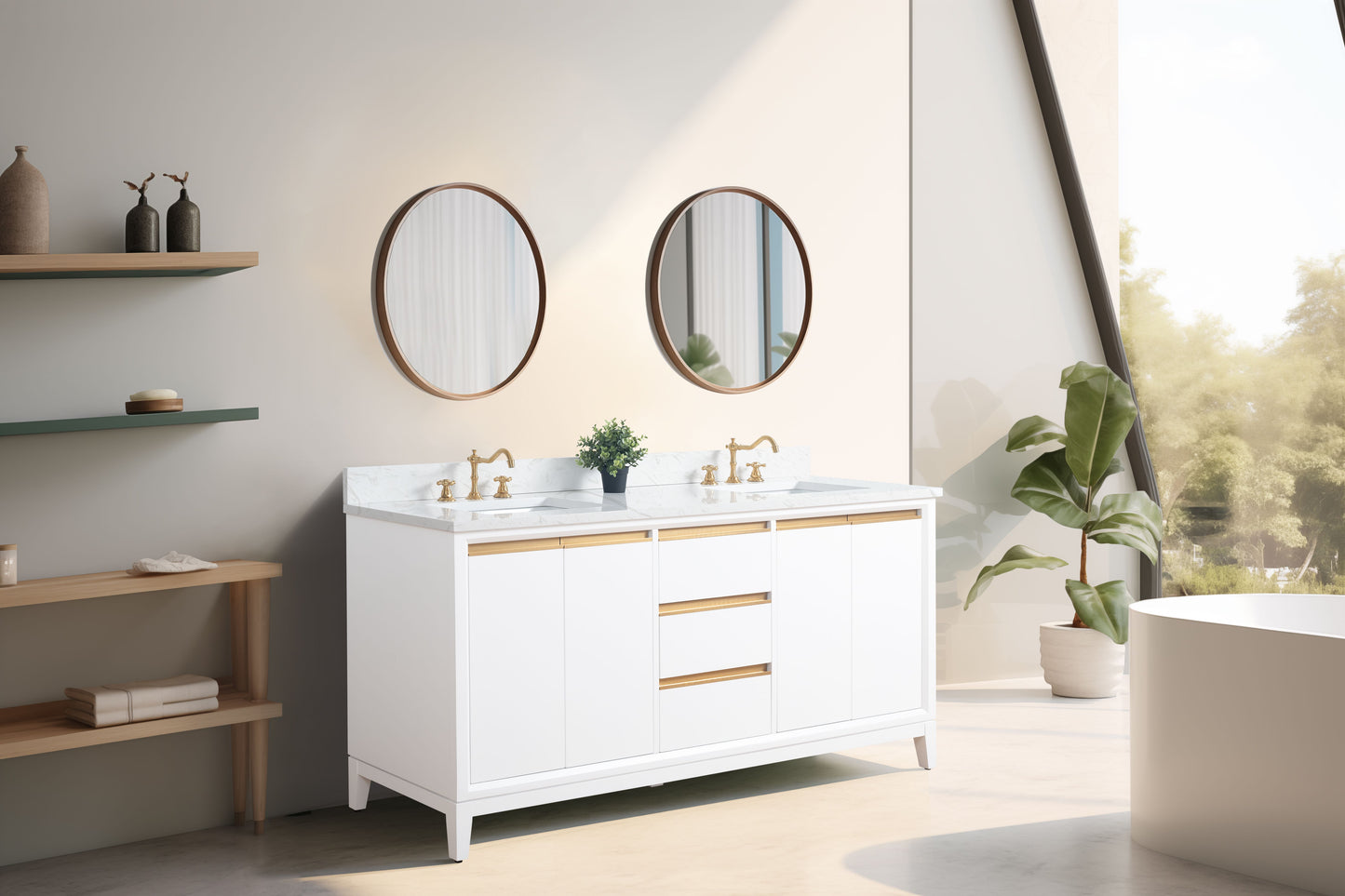 72 Inch Double Sink Bathroom Vanity in White with Marble Countertop - Vanity Art VA8072-DW