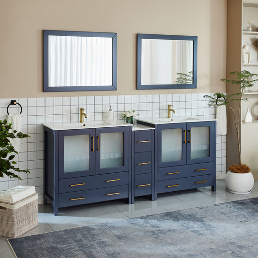 84 Inch Double Sink Bathroom Vanity in Blue with Ceramic Countertop - Vanity Art VA3036-84B