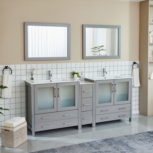 84 Inch Double Sink Bathroom Vanity in Gray with Ceramic Countertop - Vanity Art VA3036-84G