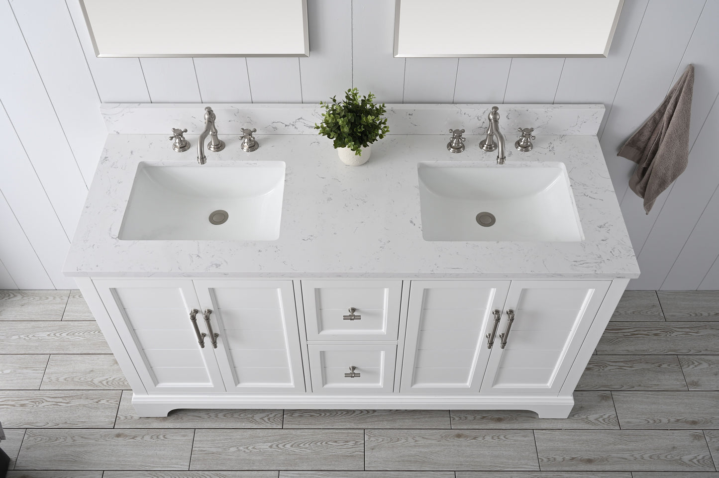 60 Inch Double Sink Bathroom Vanity in White with Marble Countertop & Backsplash - Vanity Art VA5060-DW