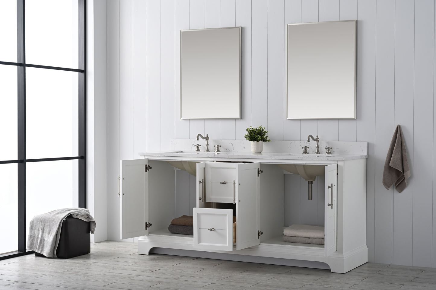 72 Inch Double Sink Bathroom Vanity in White with Marble Countertop & Backsplash - Vanity Art VA5072-DW