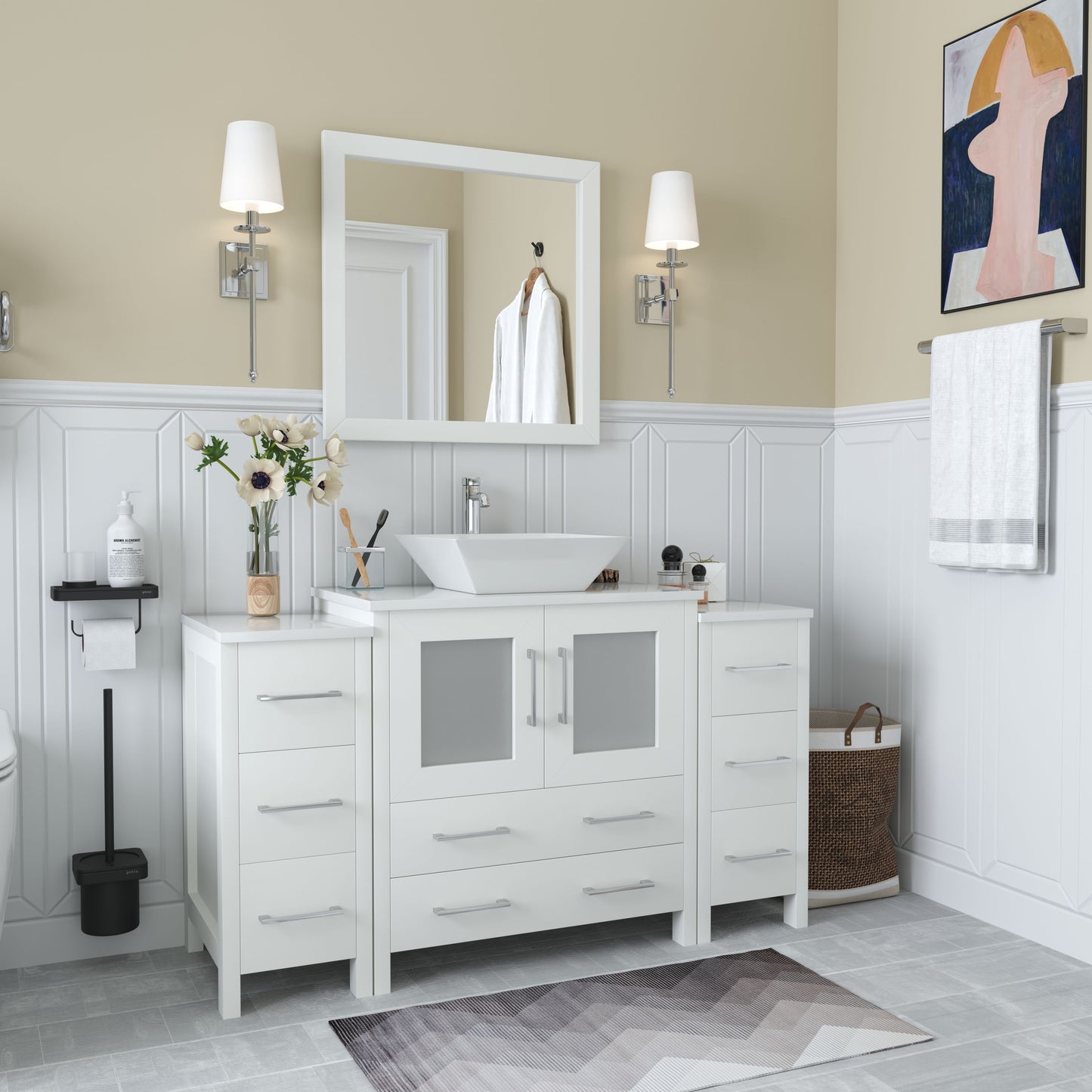 54 Inch Single Sink Bathroom Vanity in White with Marble Countertop - Vanity Art VA3130-54W