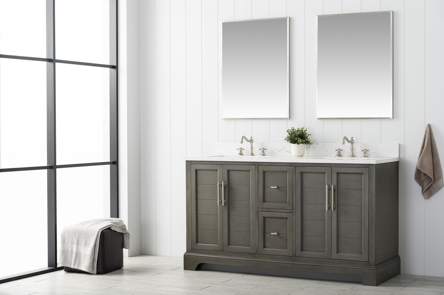 60 Inch Double Sink Bathroom Vanity in Gray with Marble Countertop & Backsplash - Vanity Art VA5060-DSG