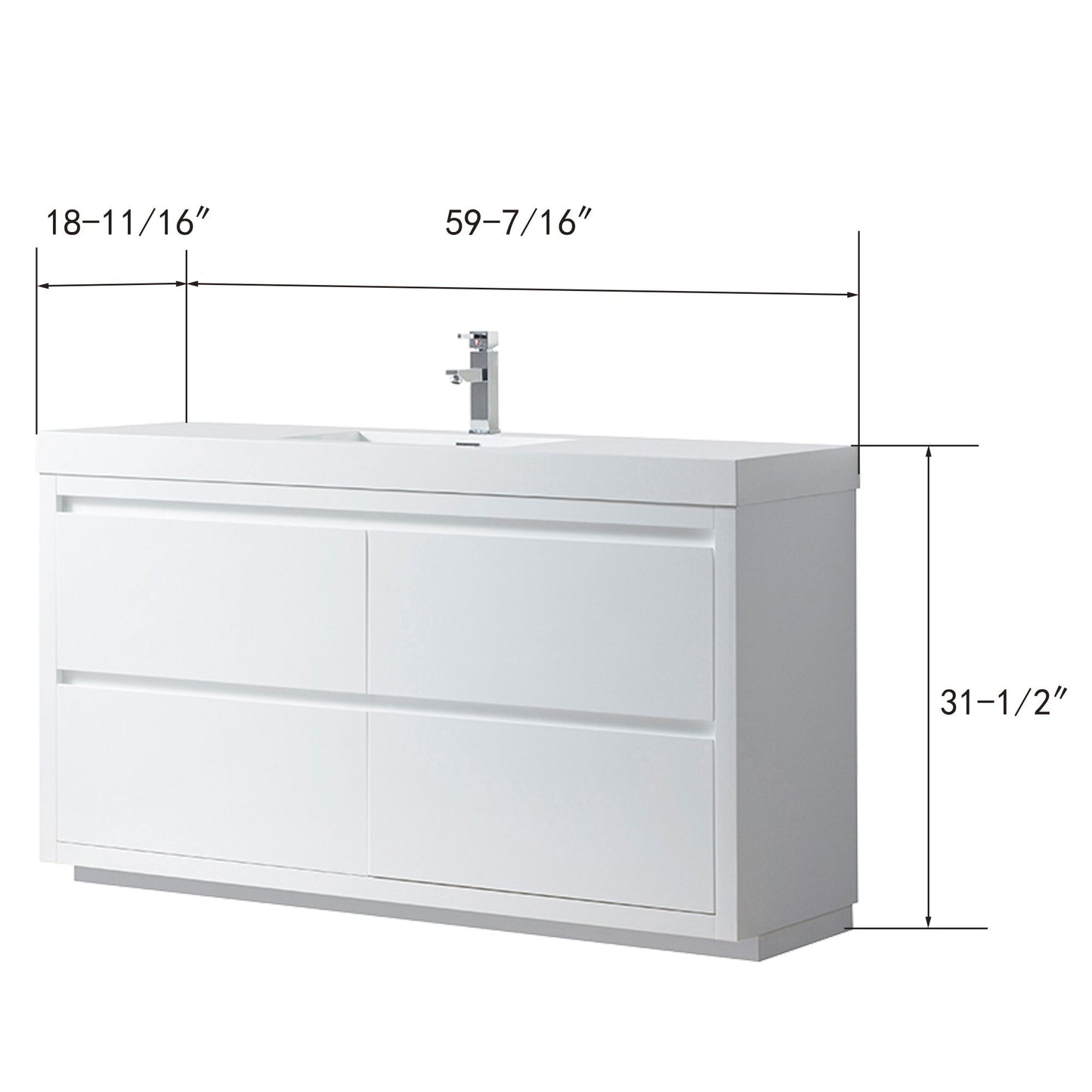 60 Inch Single Sink Bathroom Vanity in White with Resin Top - Vanity Art VA6060WF