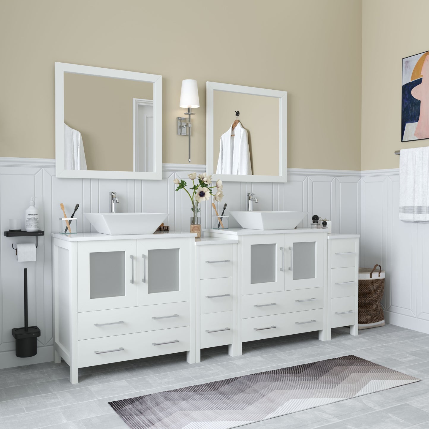 84 Inch Double Sink Bathroom Vanity in White with Marble Countertop - Vanity Art VA3130-84W