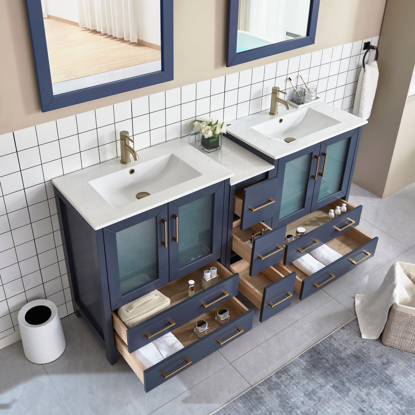 72 Inch Double Sink Bathroom Vanity in Blue with Ceramic Countertop - Vanity Art VA3030-72B