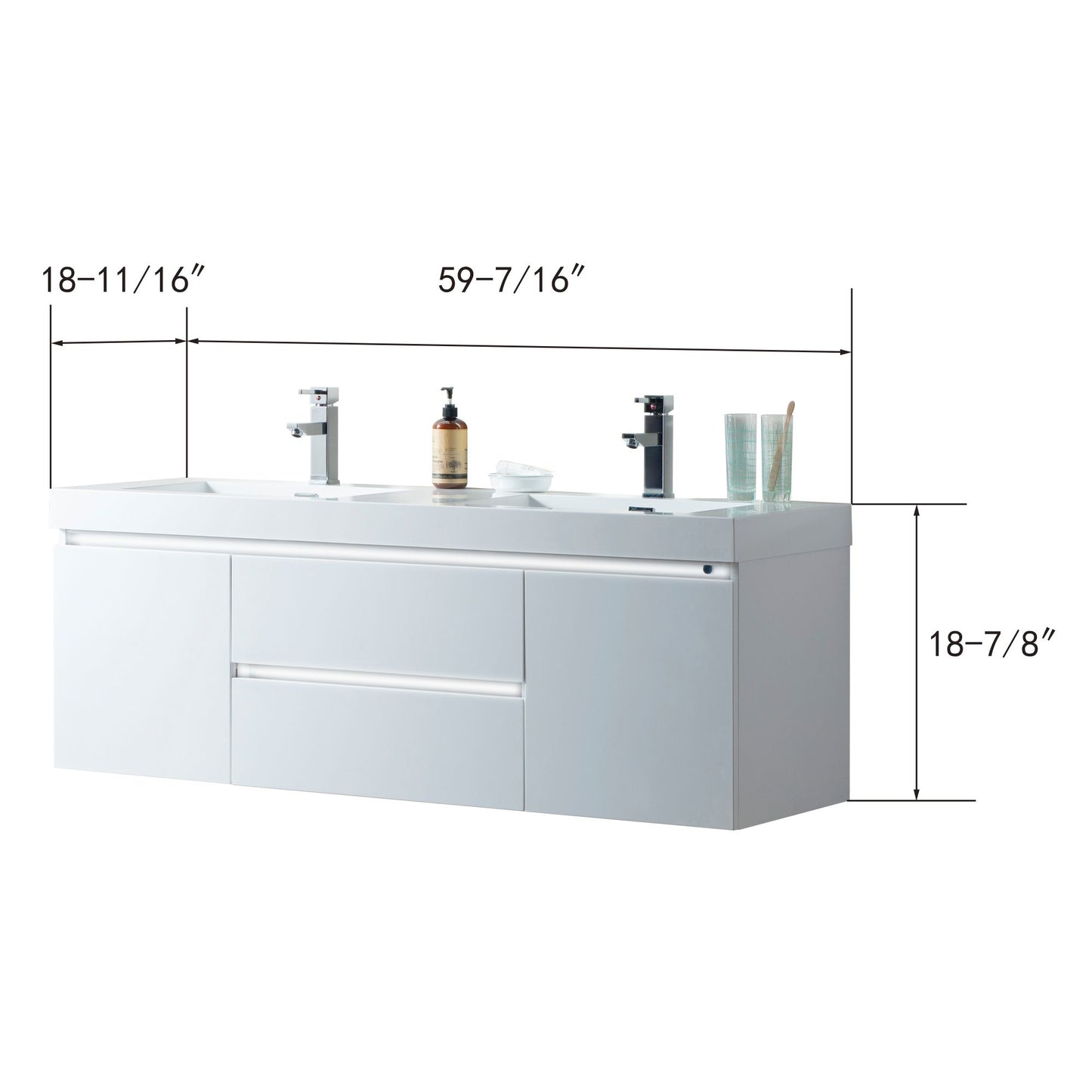 60 Inch LED Lighted Wall Hung Double Sink Bathroom Vanity in White with Resin Top - Vanity Art VA6060DWL