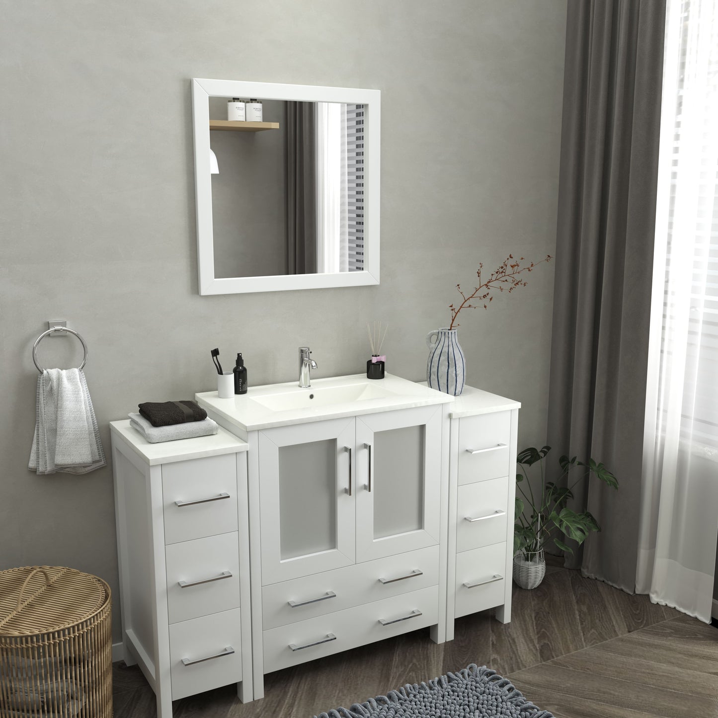 54 Inch Single Sink Bathroom Vanity in White with Ceramic Countertop - Vanity Art VA3030-54W