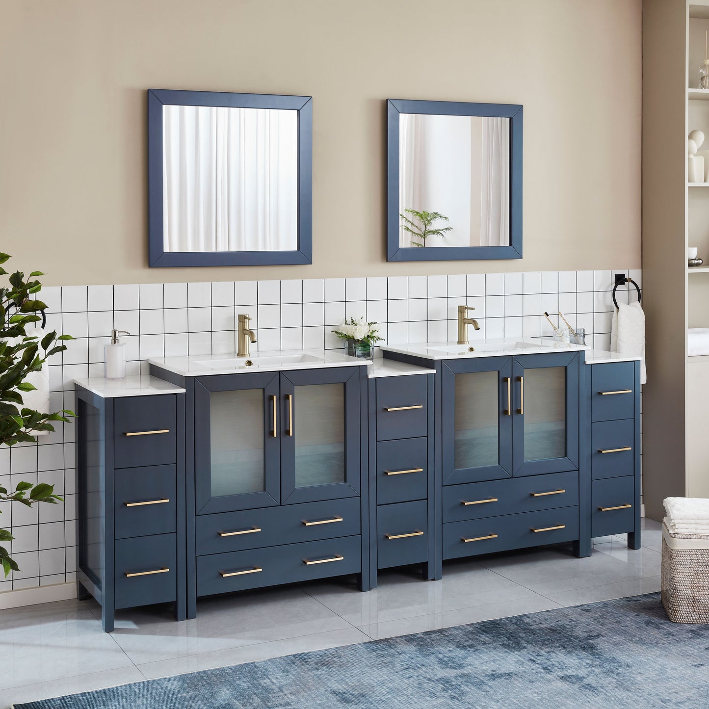 96 Inch Double Sink Bathroom Vanity in Blue with Ceramic Countertop - Vanity Art VA3030-96B