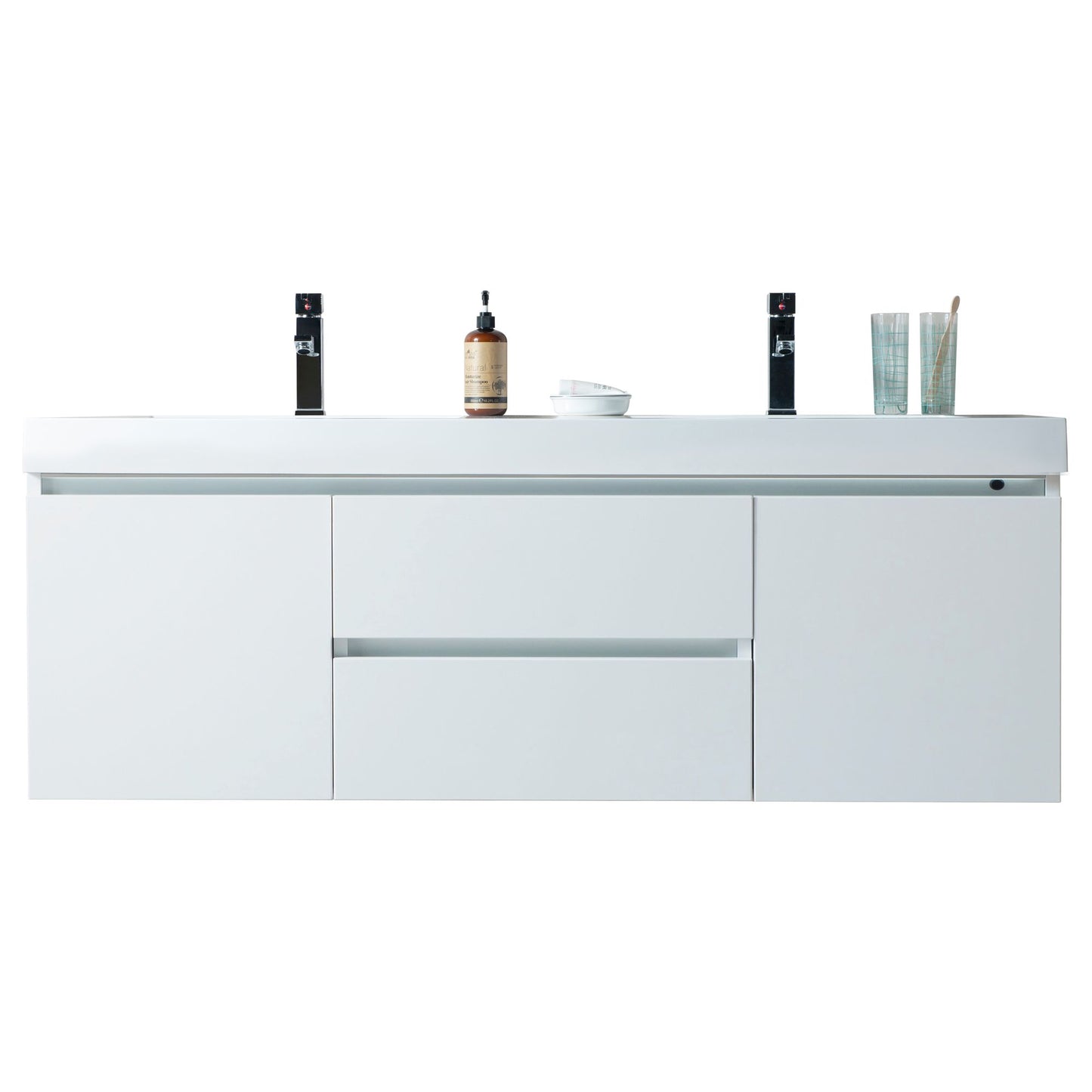 60 Inch LED Lighted Wall Hung Double Sink Bathroom Vanity in White with Resin Top - Vanity Art VA6060DWL