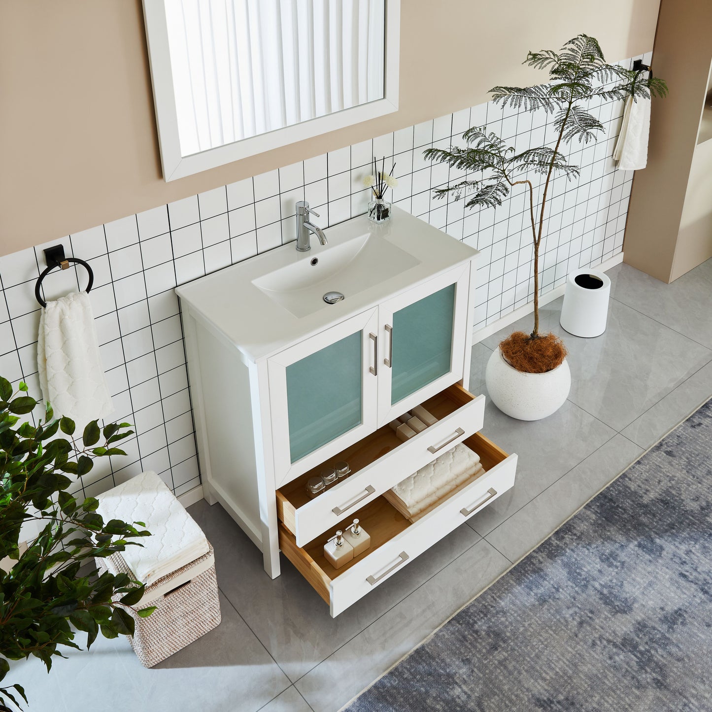 36 Inch Single Sink Bathroom Vanity in White with Ceramic Countertop - Vanity Art VA3036W