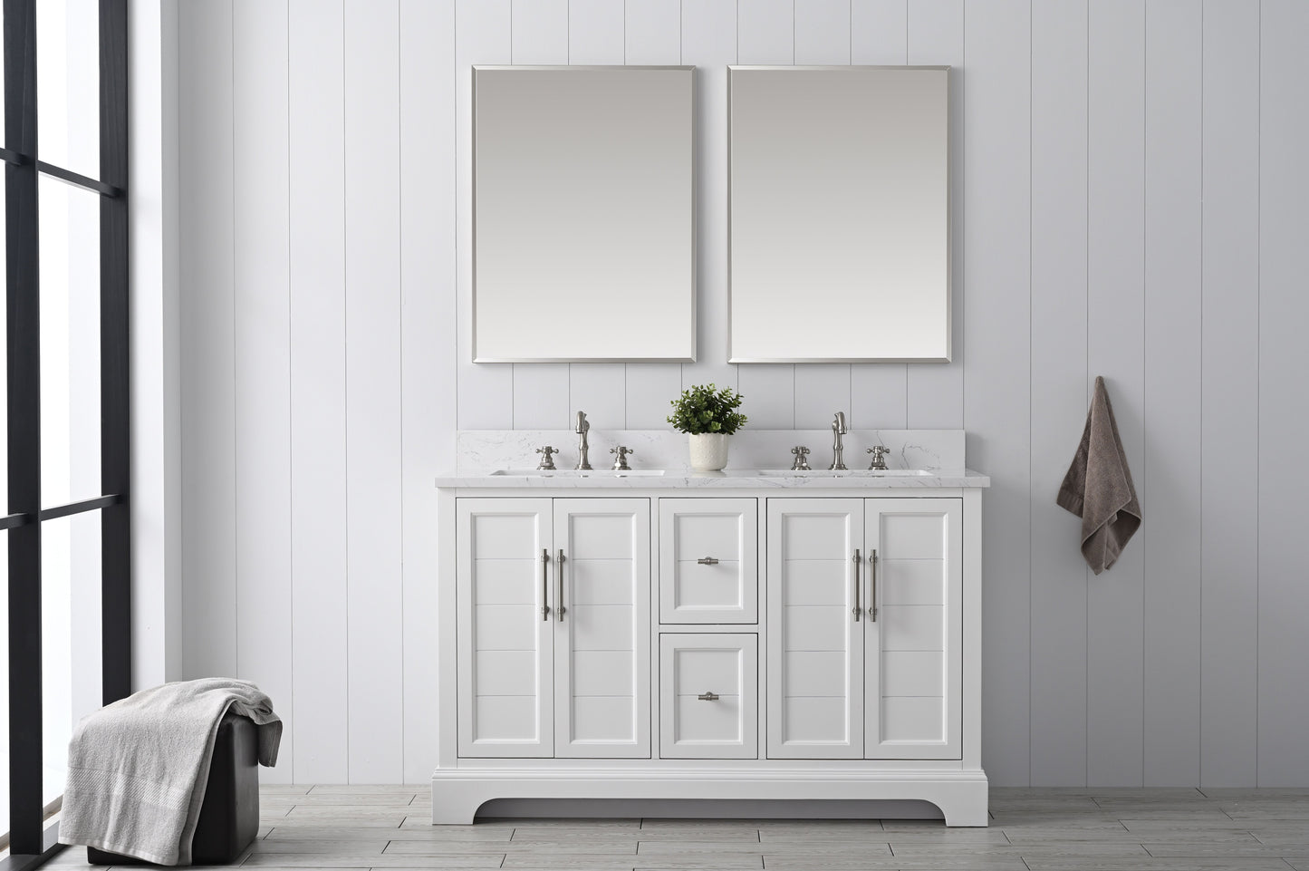 54 Inch Double Sink Bathroom Vanity in White with Marble Countertop & Backsplash - Vanity Art VA5054-W