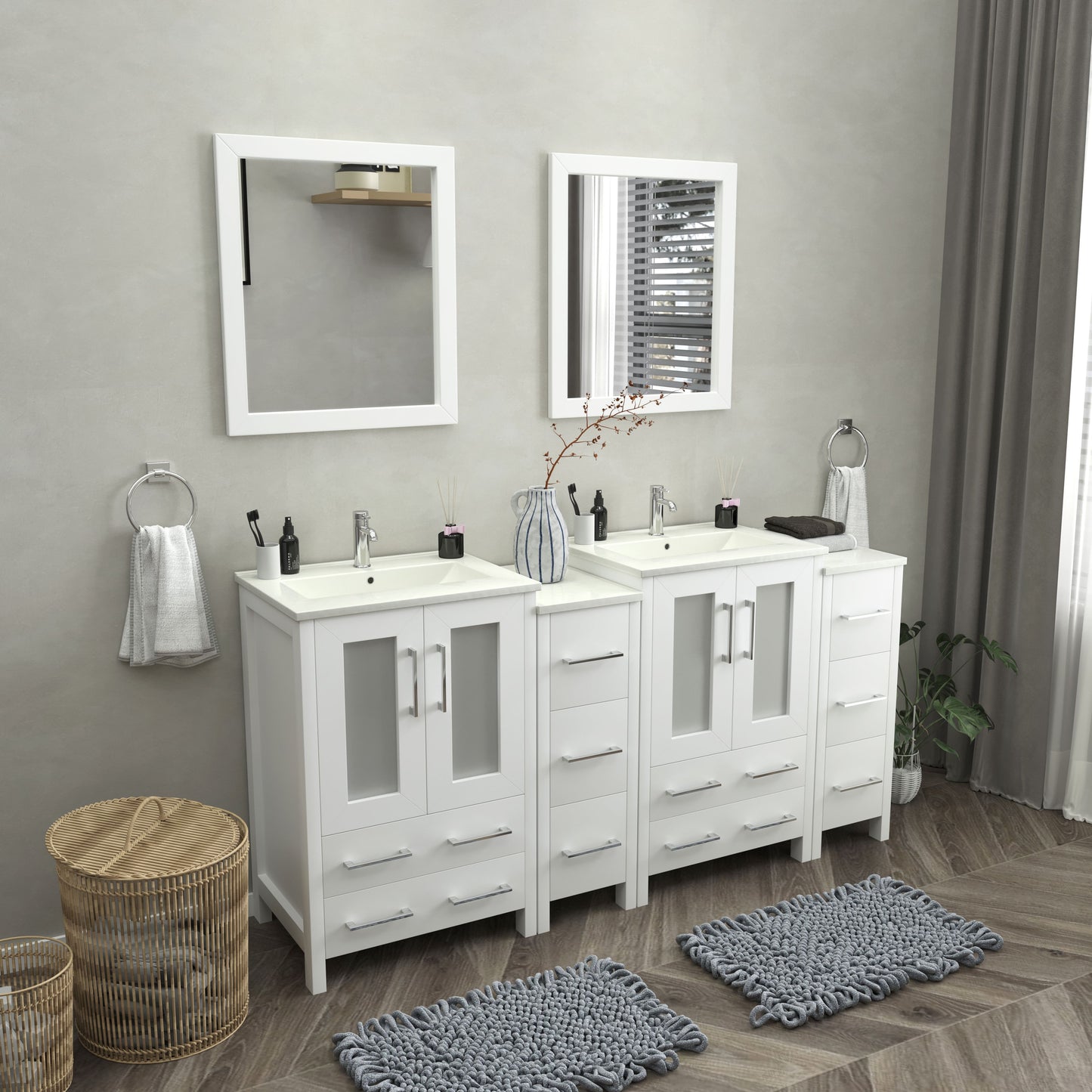 72 Inch Double Sink Bathroom Vanity in White with Ceramic Countertop - Vanity Art VA3024-72W