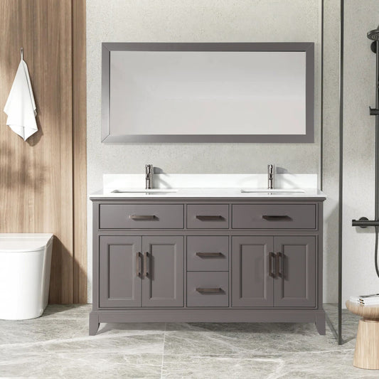 60 Inch Double Sink Bathroom Vanity in Gray with White Marble Countertop - Vanity Art VA1060DG