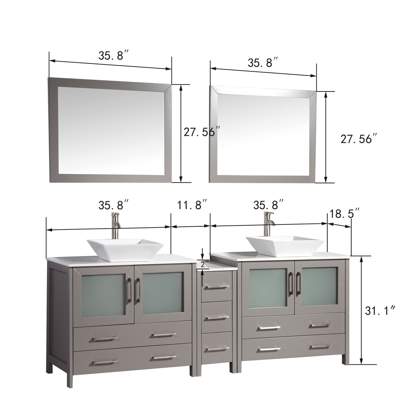 84 Inch Double Sink Bathroom Vanity in Gray with Marble Countertop - Vanity Art VA3136-84G