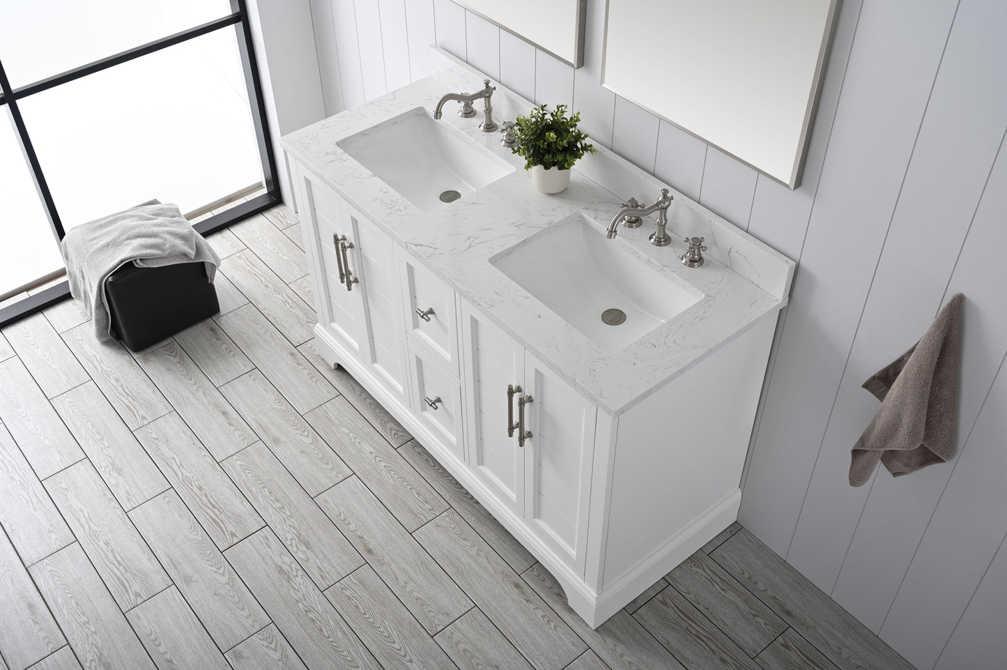 54 Inch Double Sink Bathroom Vanity in White with Marble Countertop & Backsplash - Vanity Art VA5054-W